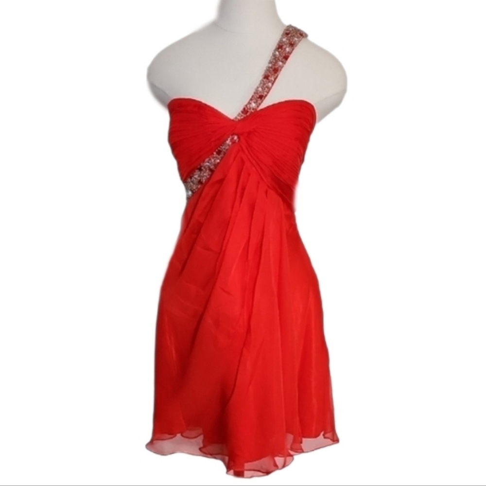 Karishma Mini Dress One Shoulder Ruched Bodice Rhinestones Red Plus Size 20